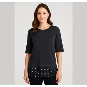 ISAAC Mizrahi Live! Mixed Media Layered Look Top Black Polka Dots Sz M